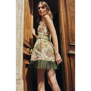 Eddy Sarah Bird Print Fringe Mini Dress Size M | Tapestry Jacquard